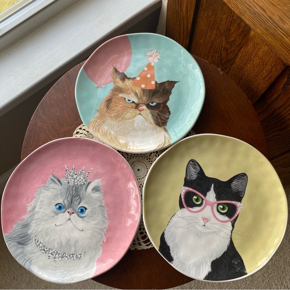 PIER 1 Imports - PARTY CATS Salad Plates - Set of 3 Ironstone EUC - Picture 1 of 11